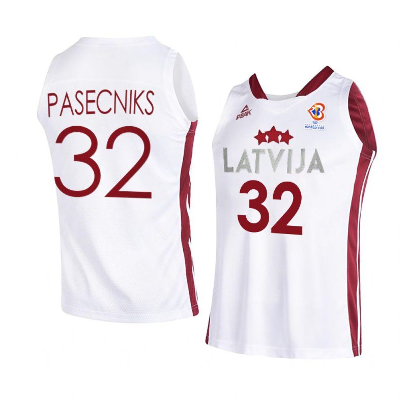 latvia basketball 2023 fiba world cup anzejs pasecniks white home jersey