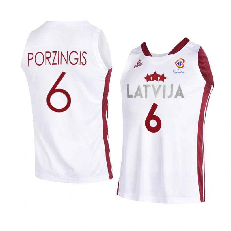 latvia basketball 2023 fiba world cup kristaps porzingis white home jersey