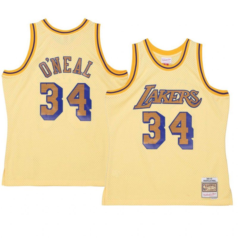 shaquille o'neal lakers jersey space knit yellow 1996 97 hwc