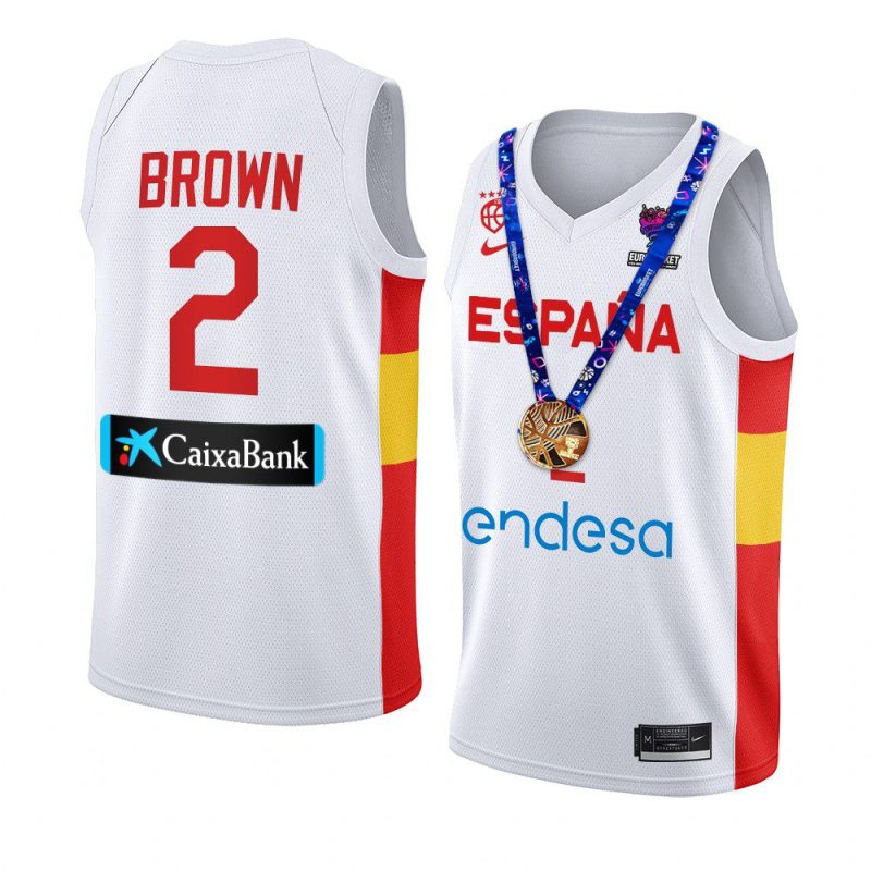 spain 2022 fiba eurobasket champions lorenzo brown white replica gold medal jersey