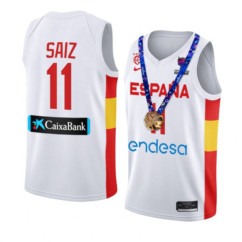 spain 2022 fiba eurobasket champions sebas saiz white replica gold medal jersey