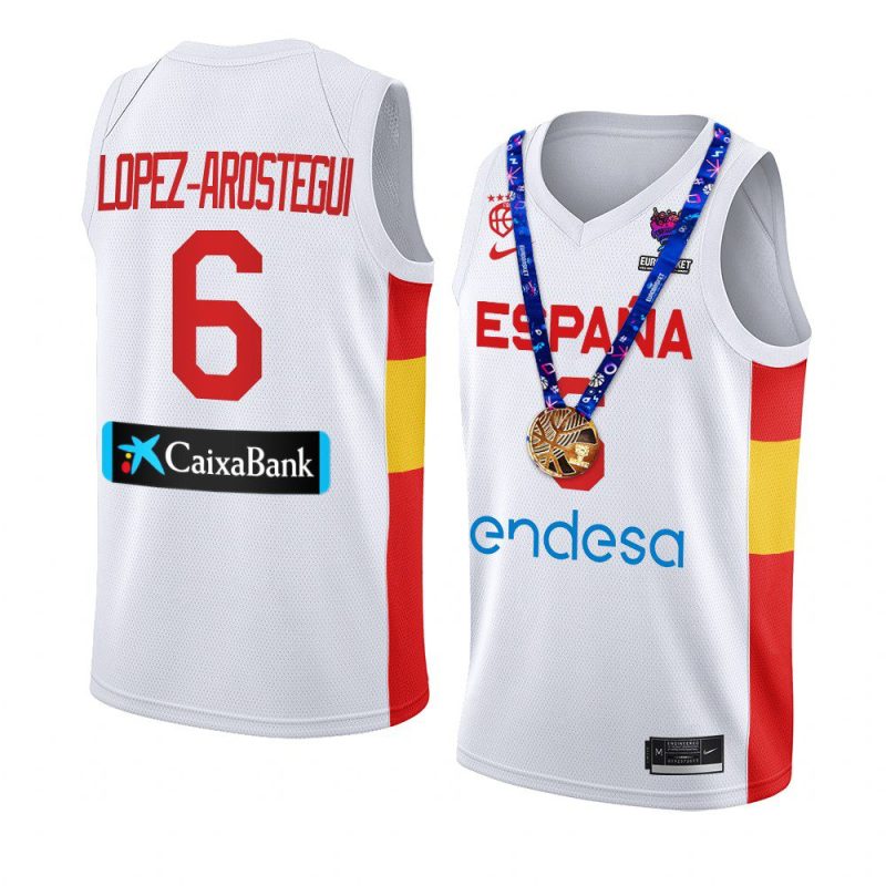 spain 2022 fiba eurobasket champions xabier lopez arostegui white replica gold medal jersey