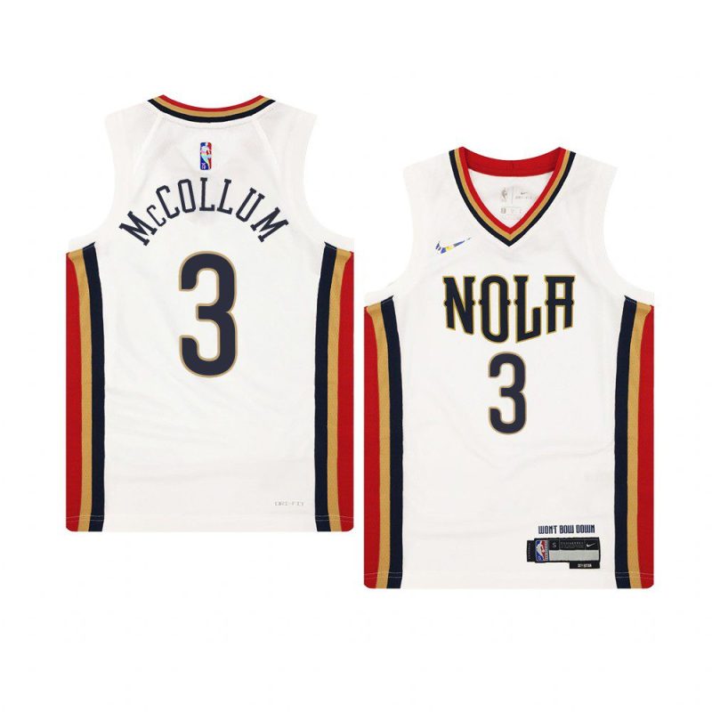 youth c.j. mccollum pelicans white city edition jersey